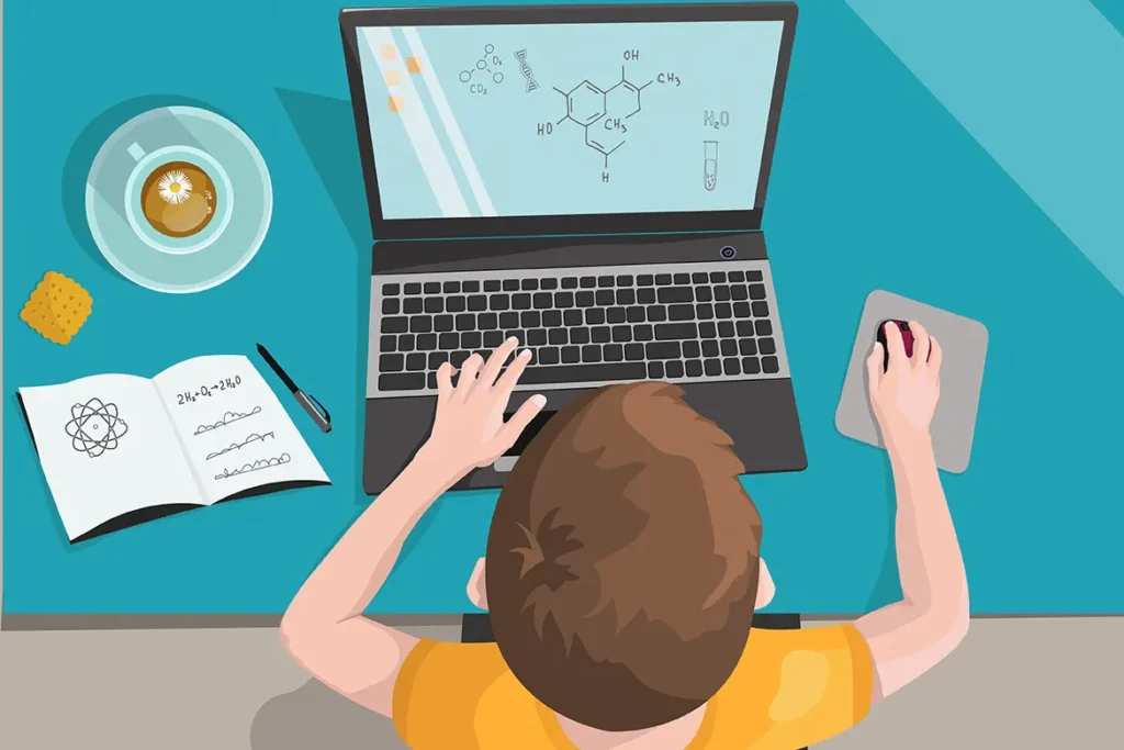 kid doing homework on laptop